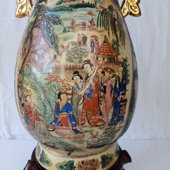 Satsuma Style Large Asian Morriage Porcelain Gold Handle W/ Stand 18" - Picture 2 of 13